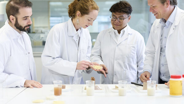 Four team members in lab coats examining a protein sample at a lab bench with beakers