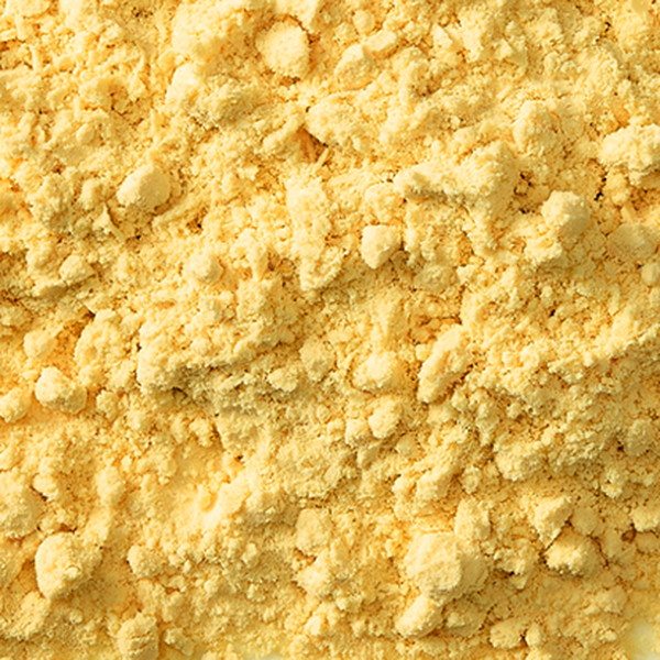 Close-up of bright yellow whole egg powder with a fine, crumbly texture