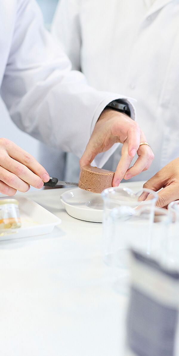 Lab technicians in white coats slicing a sample of canned pet food on a white lab bench
