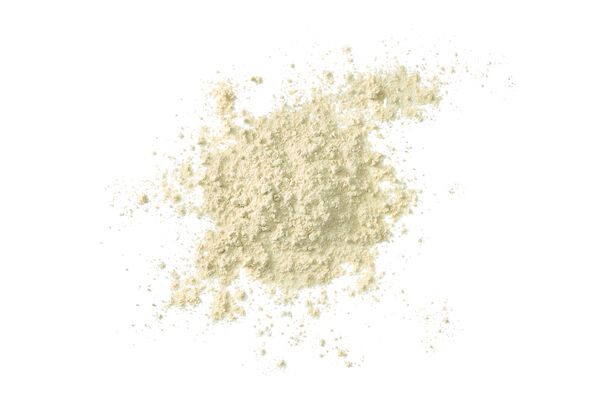 Small heap of fine off-white protein powder on a white background