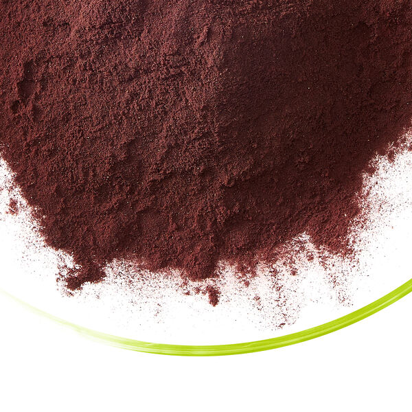 Actipro 95 PHS dark red hemoglobin powder in a glass dish