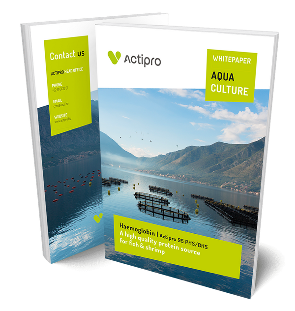 Actipro whitepaper on haemoglobin as a protein source for fish and shrimp, with fish farm pens on the cover