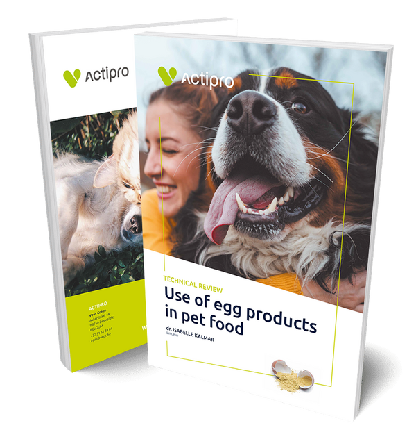 Actipro technical review on egg products in pet food, cover showing a woman hugging a Bernese mountain dog
