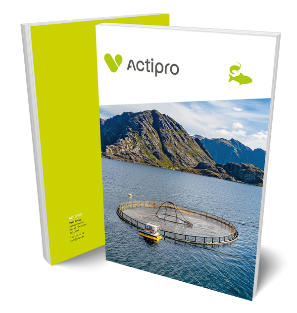 Actipro aquaculture abstract brochure with a fish farm pen in a fjord on the cover